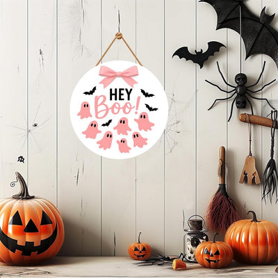 Pink Ghost Halloween Door Sign 12", Boo Hanging Porch Sign with Bows, Cute Farmhouse Wall Decor, Halloween Front Door Girl Aesthetic
