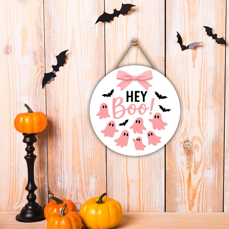 Pink Ghost Halloween Door Sign 12", Boo Hanging Porch Sign with Bows, Cute Farmhouse Wall Decor, Halloween Front Door Girl Aesthetic