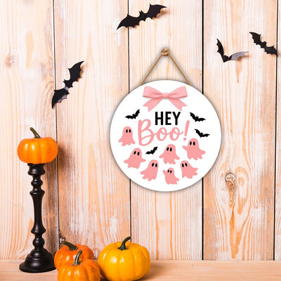 Pink Ghost Halloween Door Sign 12", Boo Hanging Porch Sign with Bows, Cute Farmhouse Wall Decor, Halloween Front Door Girl Aesthetic
