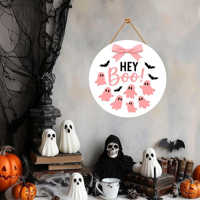 Pink Ghost Halloween Door Sign 12", Boo Hanging Porch Sign with Bows, Cute Farmhouse Wall Decor, Halloween Front Door Girl Aesthetic