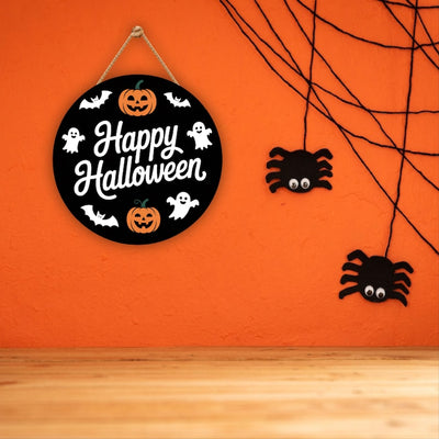 Cute Ghost Pumpkin Bat Halloween Door Sign 12", Hanging Front Door Hanger, Indoor Wall Decor for Home, Spooky Halloween Decorations