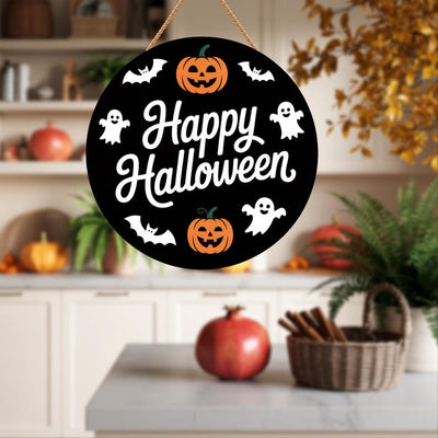 Cute Ghost Pumpkin Bat Halloween Door Sign 12", Hanging Front Door Hanger, Indoor Wall Decor for Home, Spooky Halloween Decorations