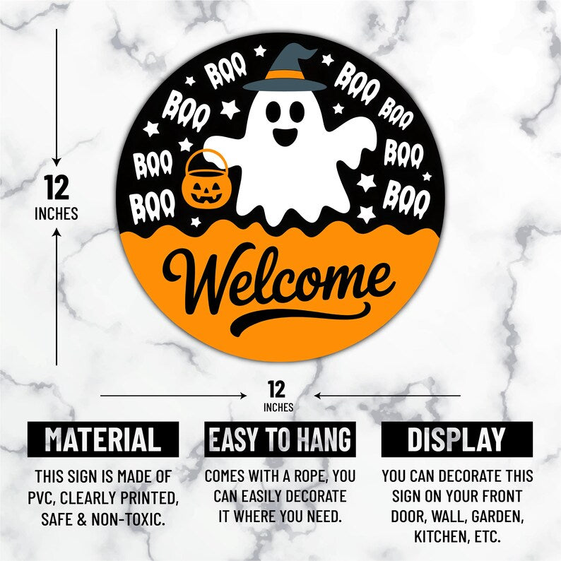 Hey Boo Ghost Halloween Door Sign 12", Cute Farmhouse Welcome Wall Hanger, Indoor Outdoor Porch Decor, Holiday Party Decorations