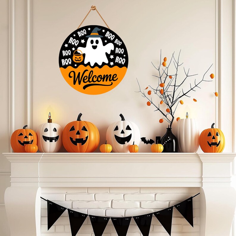Hey Boo Ghost Halloween Door Sign 12", Cute Farmhouse Welcome Wall Hanger, Indoor Outdoor Porch Decor, Holiday Party Decorations