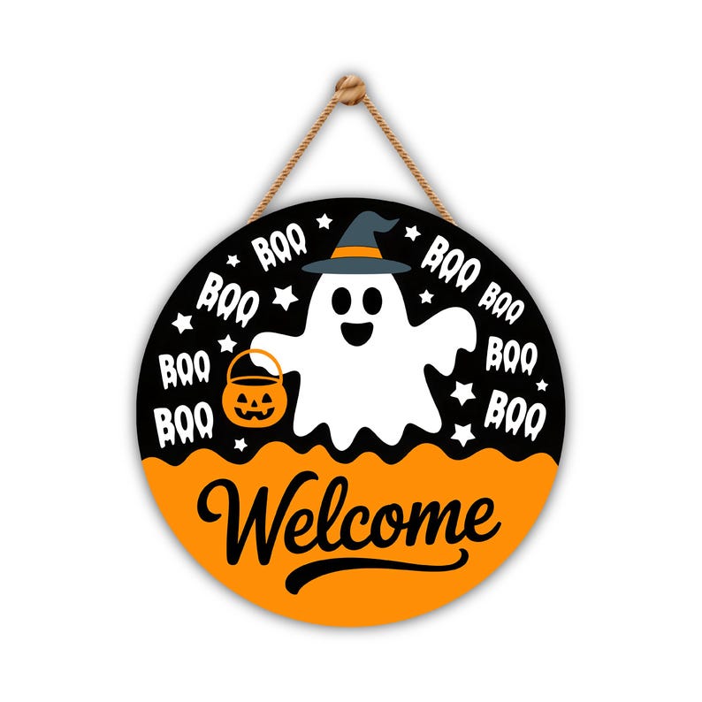 Hey Boo Ghost Halloween Door Sign 12", Cute Farmhouse Welcome Wall Hanger, Indoor Outdoor Porch Decor, Holiday Party Decorations