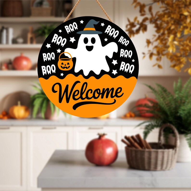 Hey Boo Ghost Halloween Door Sign 12", Cute Farmhouse Welcome Wall Hanger, Indoor Outdoor Porch Decor, Holiday Party Decorations