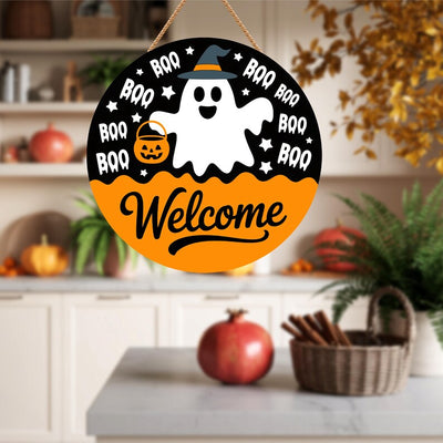 Hey Boo Ghost Halloween Door Sign 12", Cute Farmhouse Welcome Wall Hanger, Indoor Outdoor Porch Decor, Holiday Party Decorations
