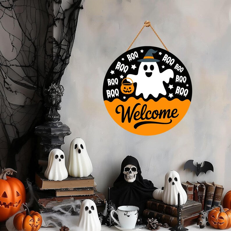 Hey Boo Ghost Halloween Door Sign 12", Cute Farmhouse Welcome Wall Hanger, Indoor Outdoor Porch Decor, Holiday Party Decorations