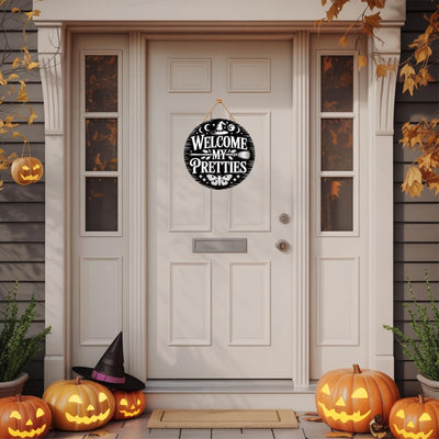 Witch Welcome Front Door Sign 12", Welcome My Pretties Hanging Porch Decor, Gothic Witchy Halloween Sign for Home Entryway Wall