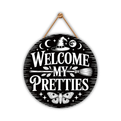 Witch Welcome Front Door Sign 12", Welcome My Pretties Hanging Porch Decor, Gothic Witchy Halloween Sign for Home Entryway Wall