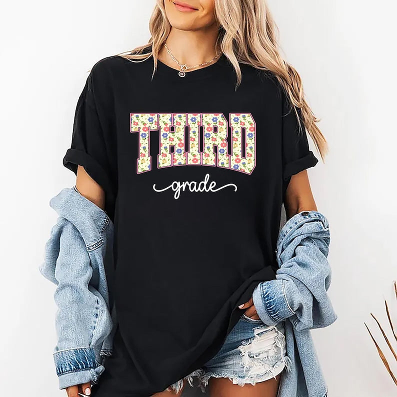 Third Grade Teacher Short Sleeve Shirt, 3rd Grade Floral Back to School Short Sleeve Shirt, First Day of School Tee