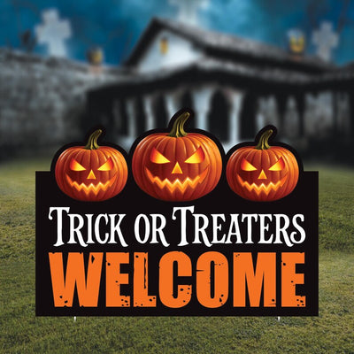 Trick or Treaters Welcome Halloween Yard Sign, Pumpkin Scary Outdoor Lawn Decoration with Stakes, Happy Halloween Garden Sign Cutout