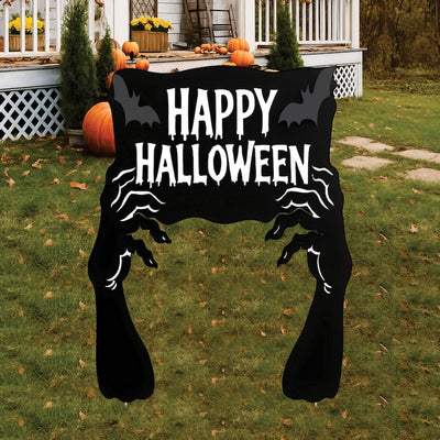 Happy Halloween Yard Sign, Scary Black Hand Silhouette Stake, Spooky Garden Decoration, Outdoor Halloween Lawn Decor with Creepy Bat Design