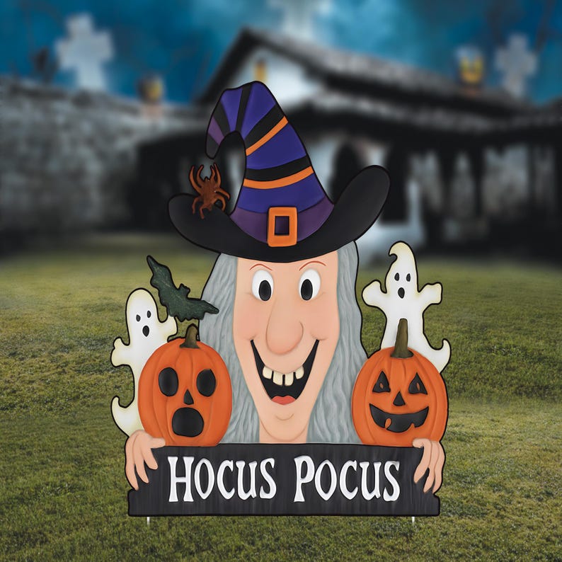 Hocus Pocus Witch Yard Sign, Halloween Ghost and Pumpkin Garden Stake, Outdoor Lawn Decor for Spooky Party, Trick or Treat Display