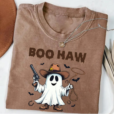 Boo Haw Short Sleeve Shirt, Funny Ghost Cowboy Halloween Short Sleeve Shirt, Western Spooky Fall Short Sleeve Shirt