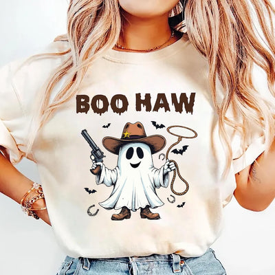 Boo Haw Short Sleeve Shirt, Funny Ghost Cowboy Halloween Short Sleeve Shirt, Western Spooky Fall Short Sleeve Shirt