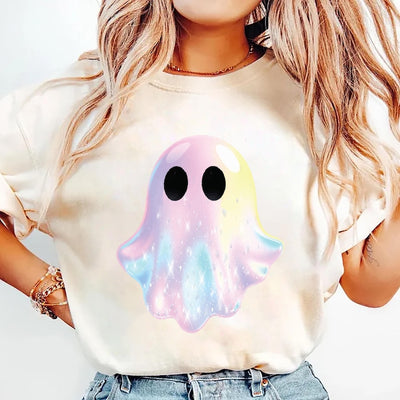 Shimmering Ghost Short Sleeve Shirt, Iridescent-Look Ghost Crewneck Tee, Cute Glitter Ghost Design Short Sleeve Shirt