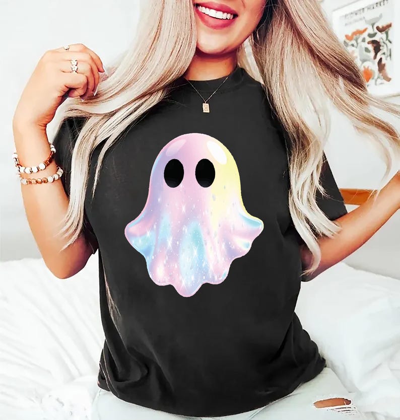 Shimmering Ghost Short Sleeve Shirt, Iridescent-Look Ghost Crewneck Tee, Cute Glitter Ghost Design Short Sleeve Shirt