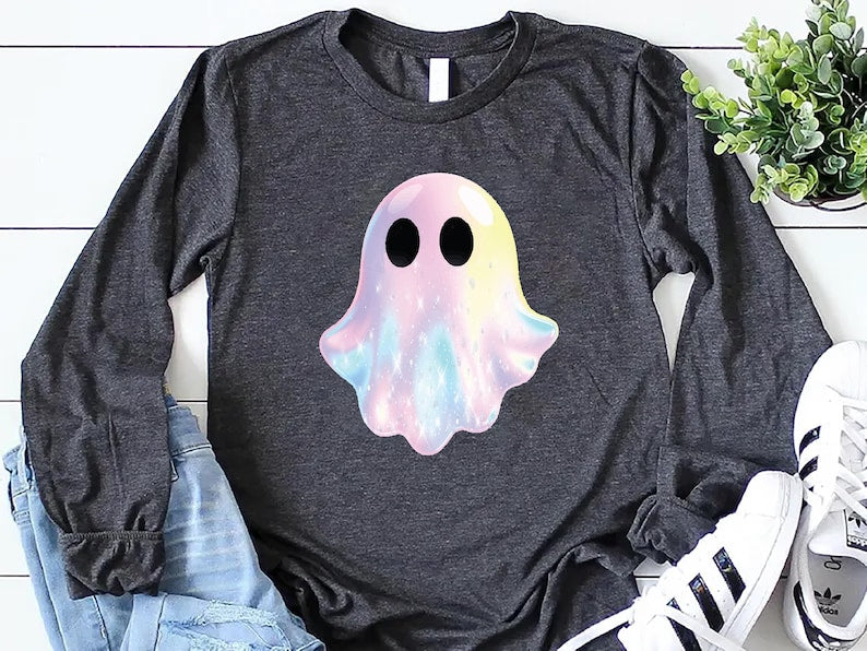 Shimmering Ghost Long Sleeve Shirt, Iridescent-Look Ghost Crewneck Long Sleeve Shirt, Cute Glitter Ghost Design Long Sleeve Shirt