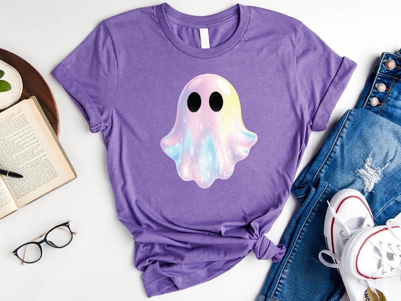 Shimmering Ghost Short Sleeve Shirt, Iridescent-Look Ghost Crewneck Tee, Cute Glitter Ghost Design Short Sleeve Shirt