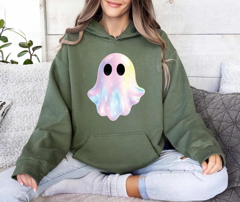 Shimmering Ghost Hoodie, Iridescent-Look Ghost Crewneck Hoodie, Cute Glitter Ghost Design Hoodie