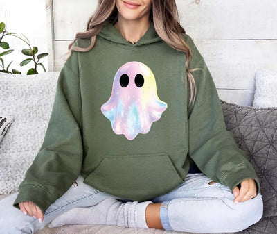 Shimmering Ghost Hoodie, Iridescent-Look Ghost Crewneck Hoodie, Cute Glitter Ghost Design Hoodie