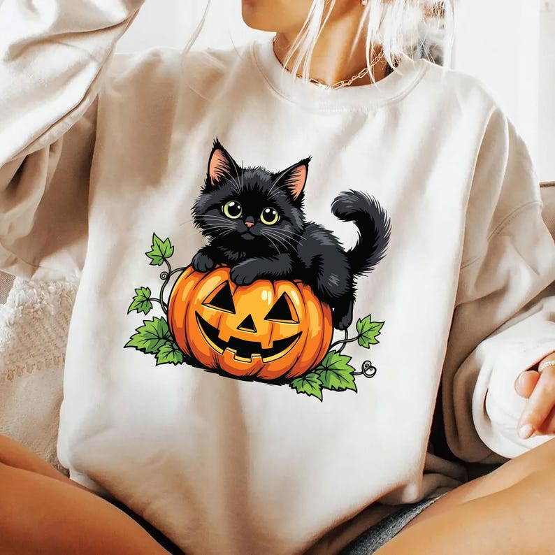 Vintage Black Cat on Pumpkin Sweatshirt, Retro 90s Halloween Cat Tee, Fall Crewneck SweatShirt