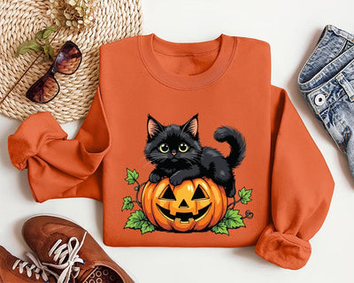 Vintage Black Cat on Pumpkin Sweatshirt, Retro 90s Halloween Cat Tee, Fall Crewneck SweatShirt