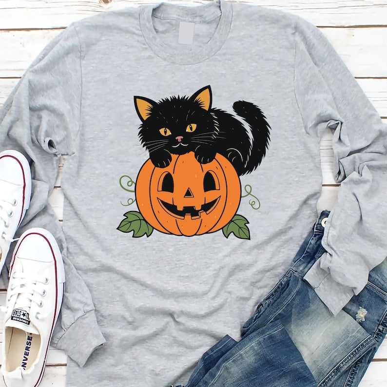 Vintage Black Cat on Pumpkin Long Sleeve Shirt, Retro 90s Halloween Cat Long Sleeve Shirt, Fall Crewneck Long Sleeve Shirt