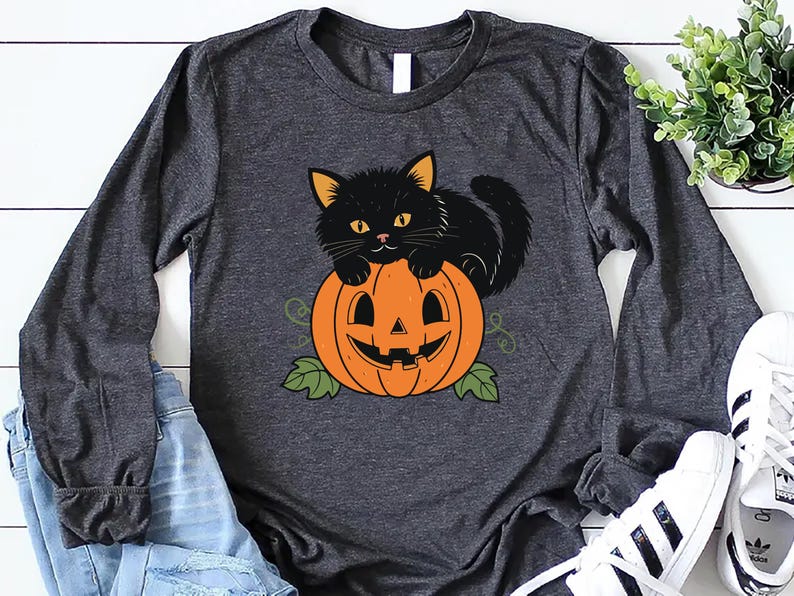 Vintage Black Cat on Pumpkin Long Sleeve Shirt, Retro 90s Halloween Cat Long Sleeve Shirt, Fall Crewneck Long Sleeve Shirt