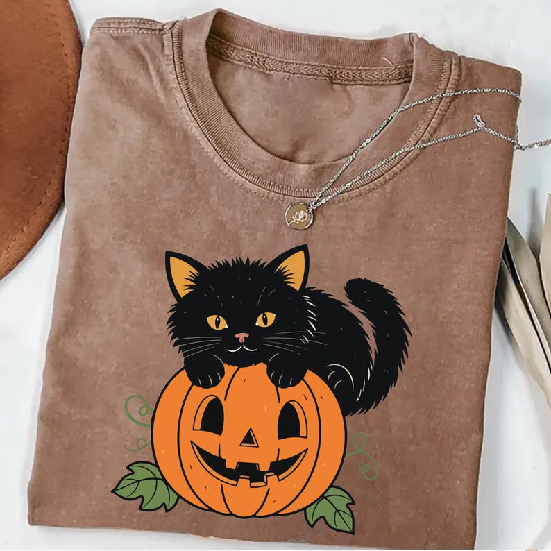 Vintage Black Cat on Pumpkin Short Sleeve Shirt, Retro 90s Halloween Cat Tee, Fall Crewneck  Short Sleeve Shirt