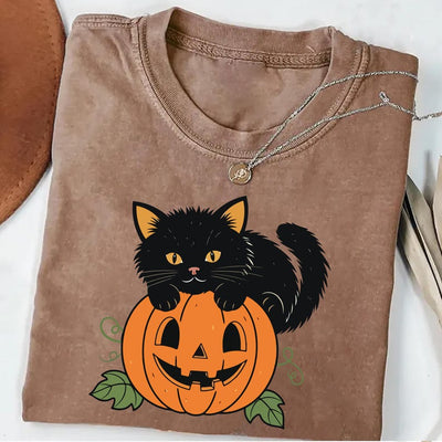 Vintage Black Cat on Pumpkin Short Sleeve Shirt, Retro 90s Halloween Cat Tee, Fall Crewneck  Short Sleeve Shirt