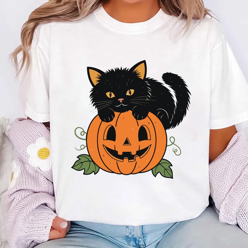 Vintage Black Cat on Pumpkin Short Sleeve Shirt, Retro 90s Halloween Cat Tee, Fall Crewneck  Short Sleeve Shirt