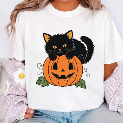 Vintage Black Cat on Pumpkin Short Sleeve Shirt, Retro 90s Halloween Cat Tee, Fall Crewneck  Short Sleeve Shirt