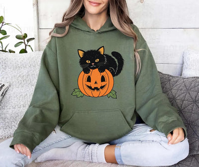 Vintage Black Cat on Pumpkin Hoodie, Retro 90s Halloween Cat Hoodie, Fall Crewneck Hoodie
