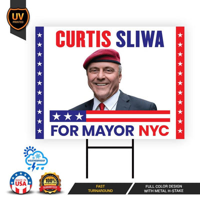 Curtis Sliwa For New York City Mayor 2025 Election Yard Sign, Corrugated Plastic Election Race Red White & Blue Sign with Metal H-Stake