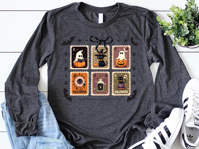 Retro Halloween Stamps Long Sleeve Shirt, Cute Ghost and Black Cat Long Sleeve Shirt, Spooky Fall Aesthetic Long Sleeve Shirt