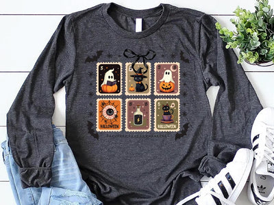 Retro Halloween Stamps Long Sleeve Shirt, Cute Ghost and Black Cat Long Sleeve Shirt, Spooky Fall Aesthetic Long Sleeve Shirt