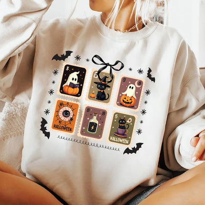 Retro Halloween Stamps Sweatshirt, Cute Ghost and Black Cat SweatShirt, Spooky Fall Aesthetic SweatShirt