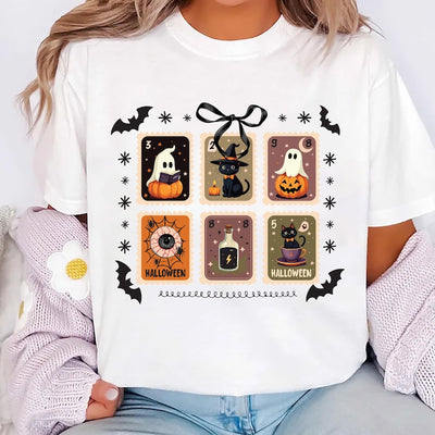 Retro Halloween Stamps Short Sleeve Shirt, Cute Ghost and Black Cat Tee, Spooky Fall Aesthetic Short Sleeve Shirt