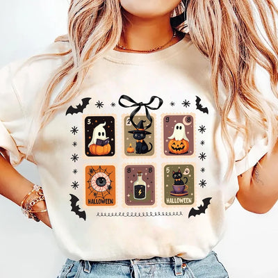 Retro Halloween Stamps Short Sleeve Shirt, Cute Ghost and Black Cat Tee, Spooky Fall Aesthetic Short Sleeve Shirt
