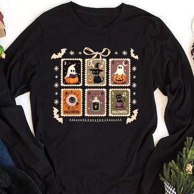 Retro Halloween Stamps Long Sleeve Shirt, Cute Ghost and Black Cat Long Sleeve Shirt, Spooky Fall Aesthetic Long Sleeve Shirt