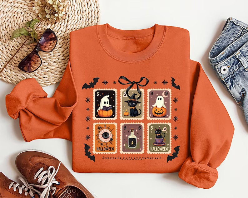 Retro Halloween Stamps Sweatshirt, Cute Ghost and Black Cat SweatShirt, Spooky Fall Aesthetic SweatShirt