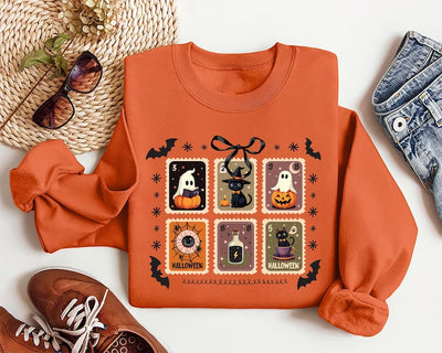 Retro Halloween Stamps Sweatshirt, Cute Ghost and Black Cat SweatShirt, Spooky Fall Aesthetic SweatShirt