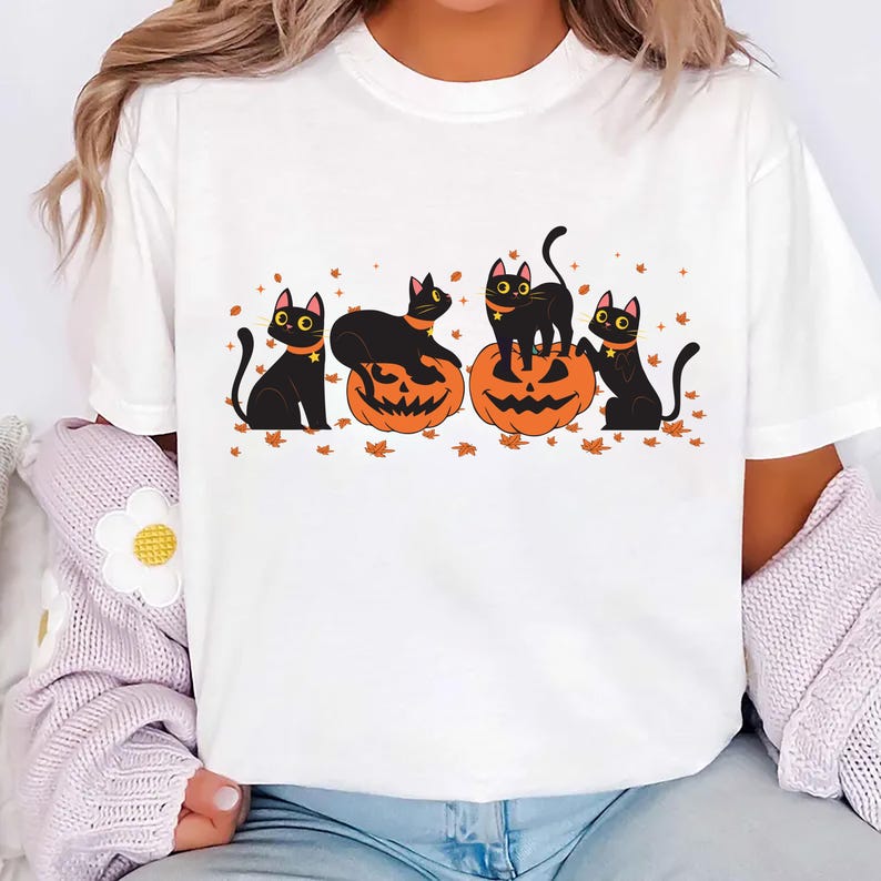 Halloween Black Cat Short Sleeve Shirt, Cute Pumpkin Fall Cat Lover Tee, Spooky Season Bat Short Sleeve Shirt