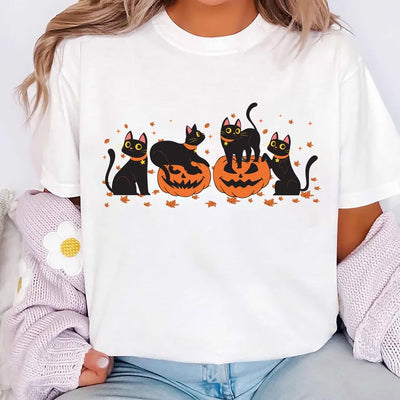 Halloween Black Cat Short Sleeve Shirt, Cute Pumpkin Fall Cat Lover Tee, Spooky Season Bat Short Sleeve Shirt