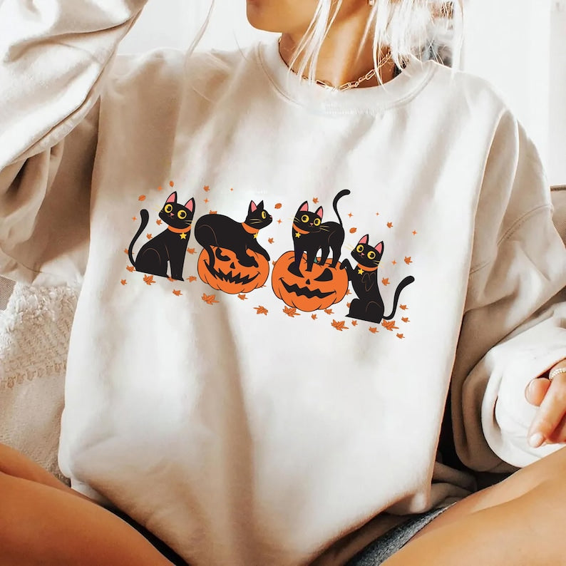 Halloween Black Cat Sweatshirt, Cute Pumpkin Fall Cat Lover Sweatshirt, Spooky Season Bat Sweatshirt