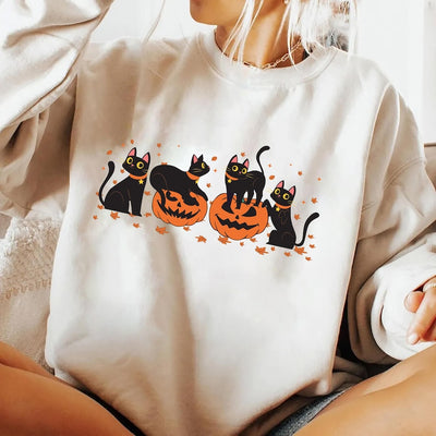 Halloween Black Cat Sweatshirt, Cute Pumpkin Fall Cat Lover Sweatshirt, Spooky Season Bat Sweatshirt