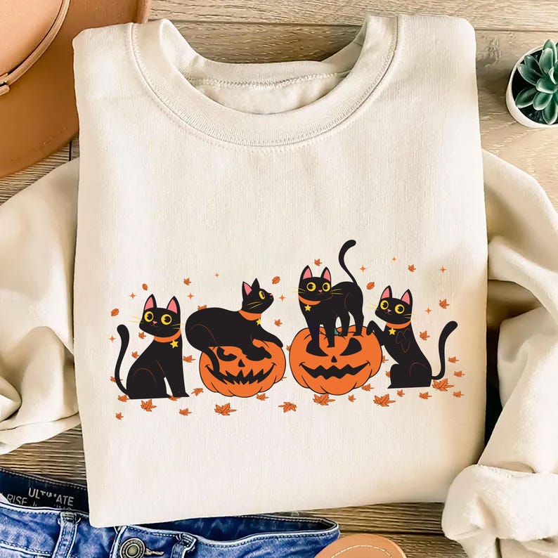 Halloween Black Cat Sweatshirt, Cute Pumpkin Fall Cat Lover Sweatshirt, Spooky Season Bat Sweatshirt