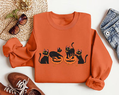 Halloween Black Cat Sweatshirt, Cute Pumpkin Fall Cat Lover Sweatshirt, Spooky Season Bat Sweatshirt
